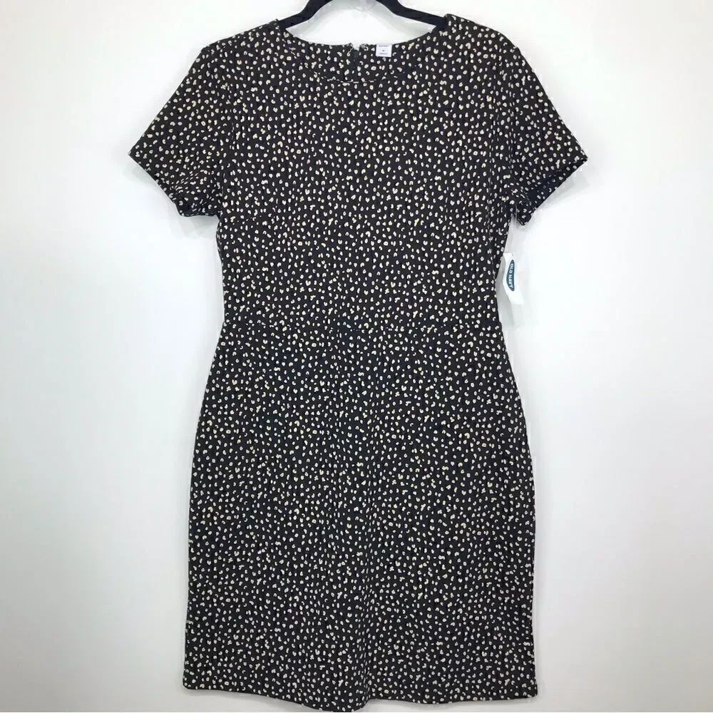 Old Navy Black Tan Print Short Sleeve Jersey Knit Sheath Stretch Dress NEW